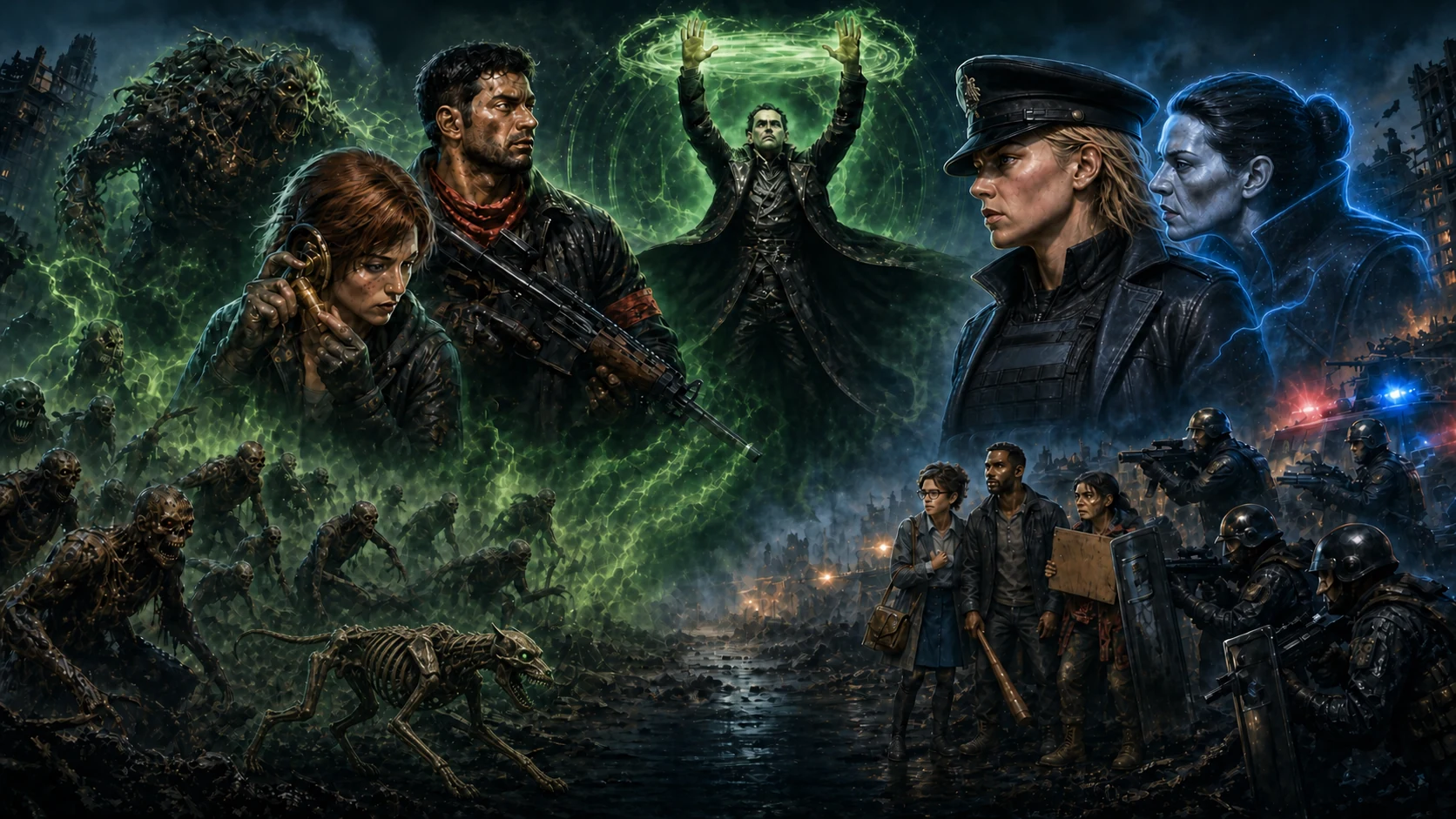 Dead Signal artwork: a necromancer, undead creatures and survivors in a ruined city