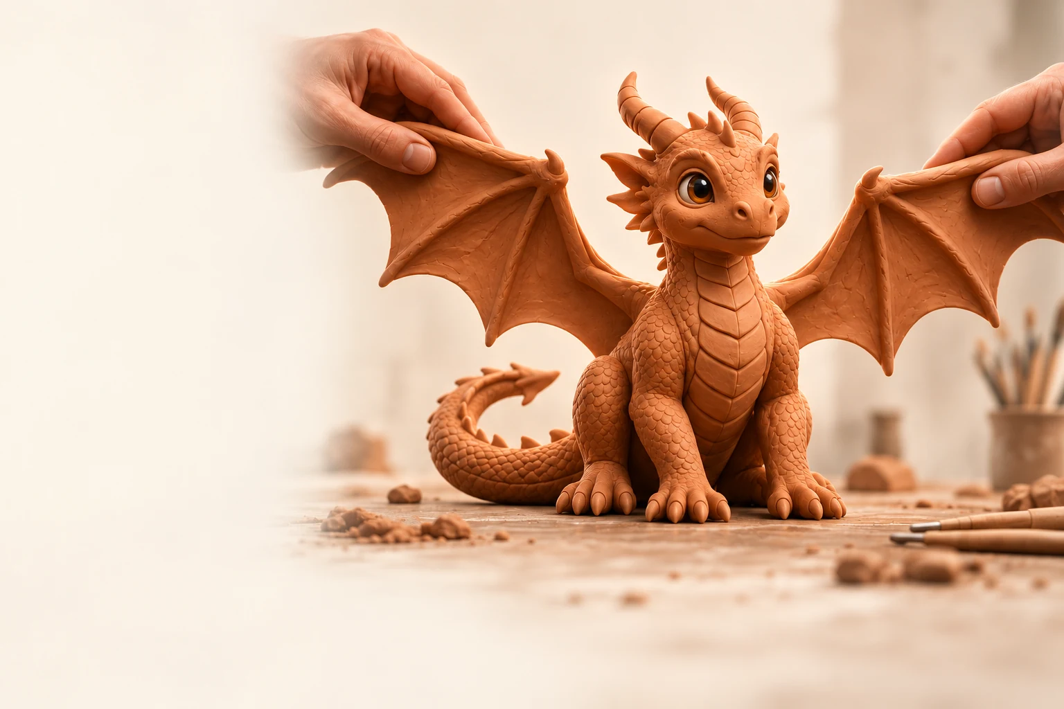 Hands gently shaping the wings of a terracotta clay dragon