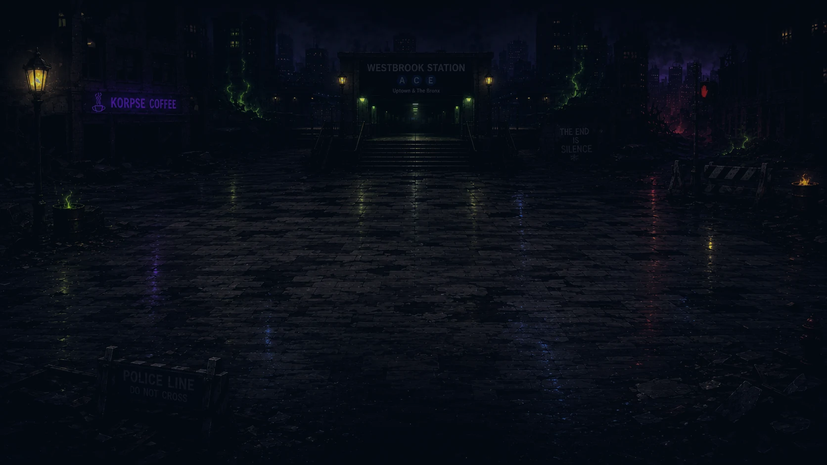 Rain-soaked Westbrook Station Plaza at night, lit by spectral green and purple light